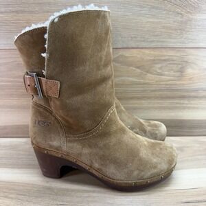 UGG Amoret Shearling Clog Boot Women 7 Tan Suede Fall Chunky Sherpa Fur Y2K Boho
